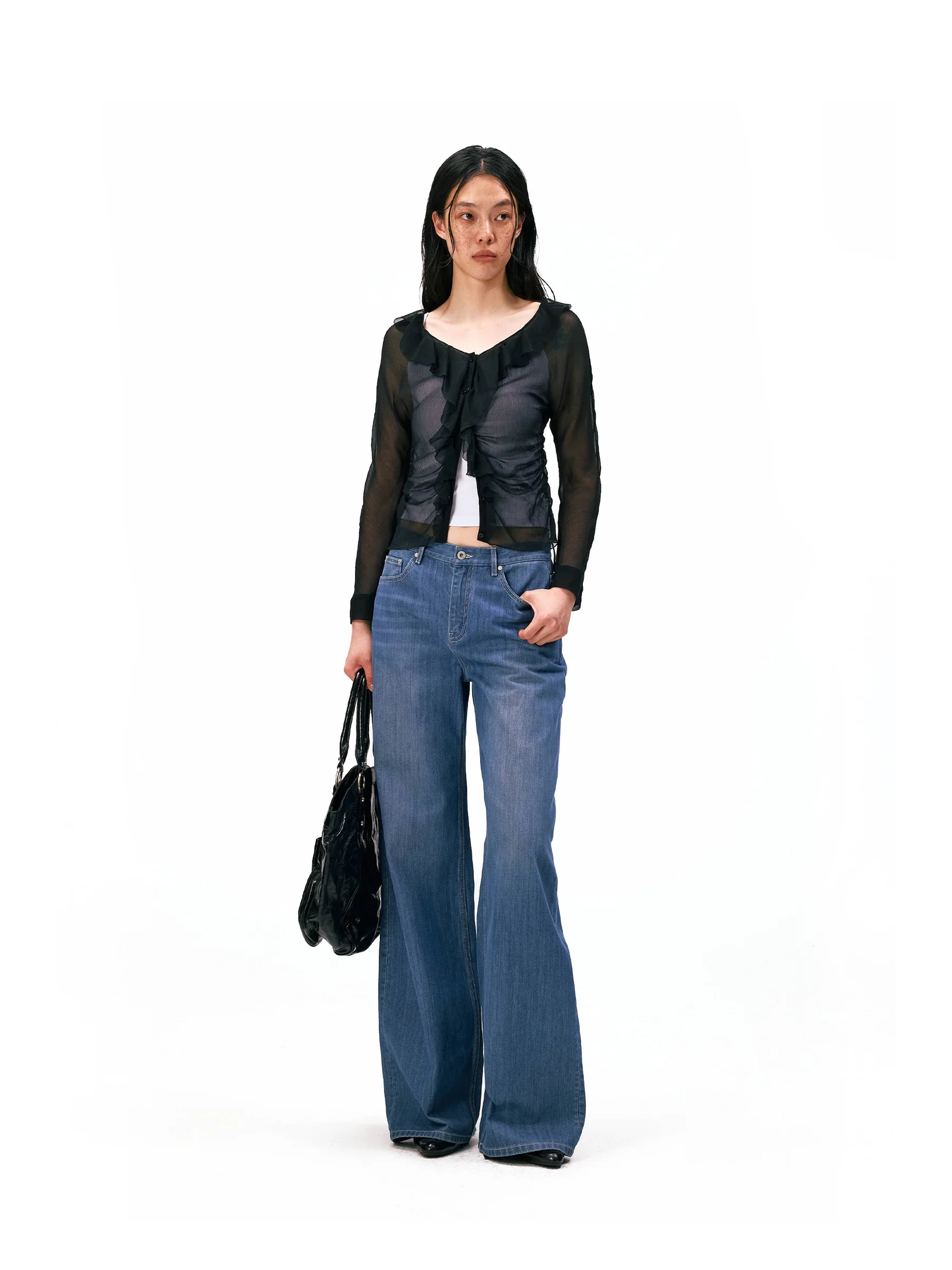 

Alight Then 6A Grade Silk Fitted Vintage Shirt Deep V-neck Blouse with Lace Hemline Breathable Long Sleeve Women's Top