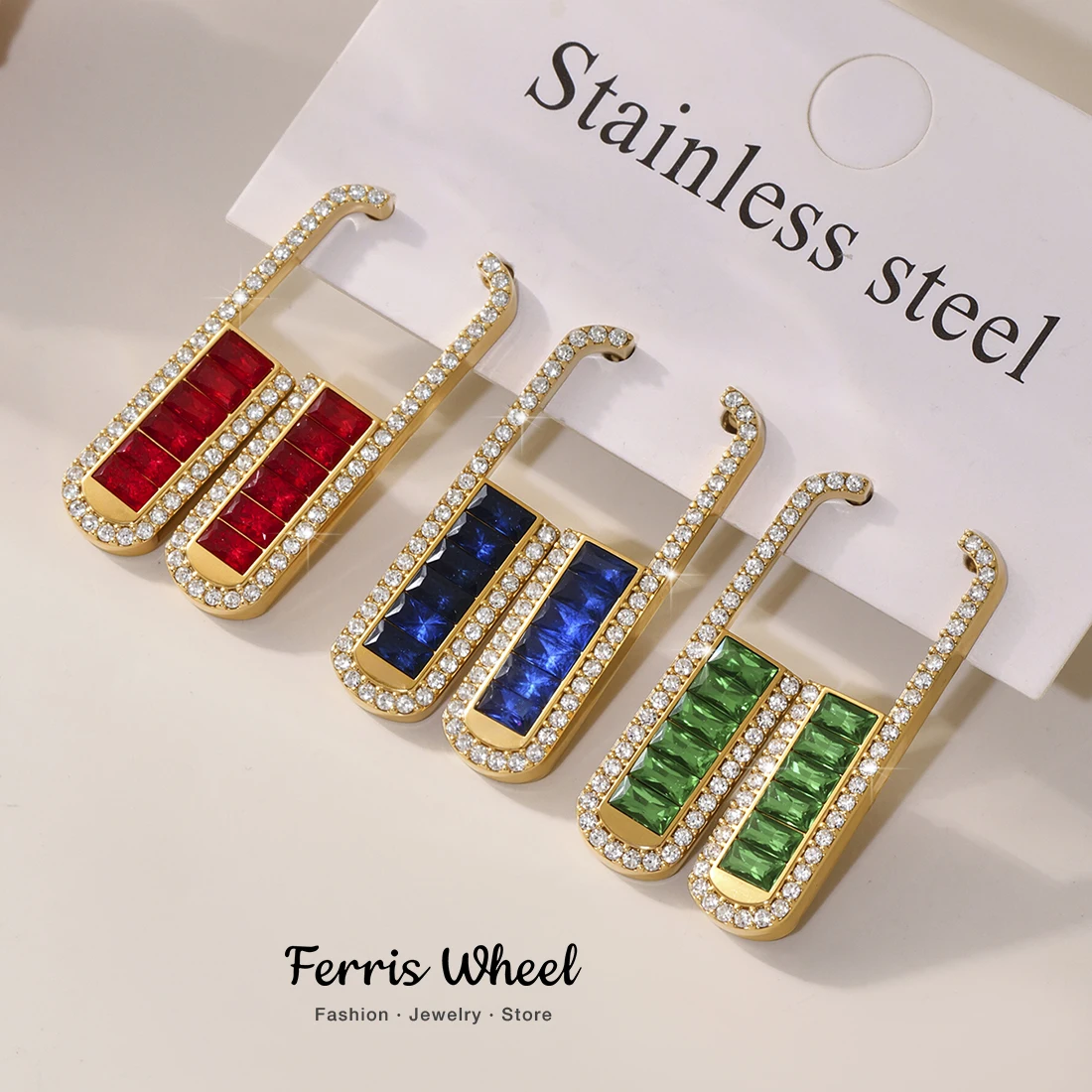 

Ferris Wheel Multi Colors Gold Plated Zircon Earrings For Women Stainless Steel Square Design Ear Stud Waterproof Jewelry