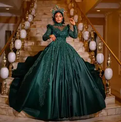 Gorgeous Hunter Green Satin Prom Dresses Arabic Women caftan High Neck Long Sleeves Lace Appliques customsized Evening gown