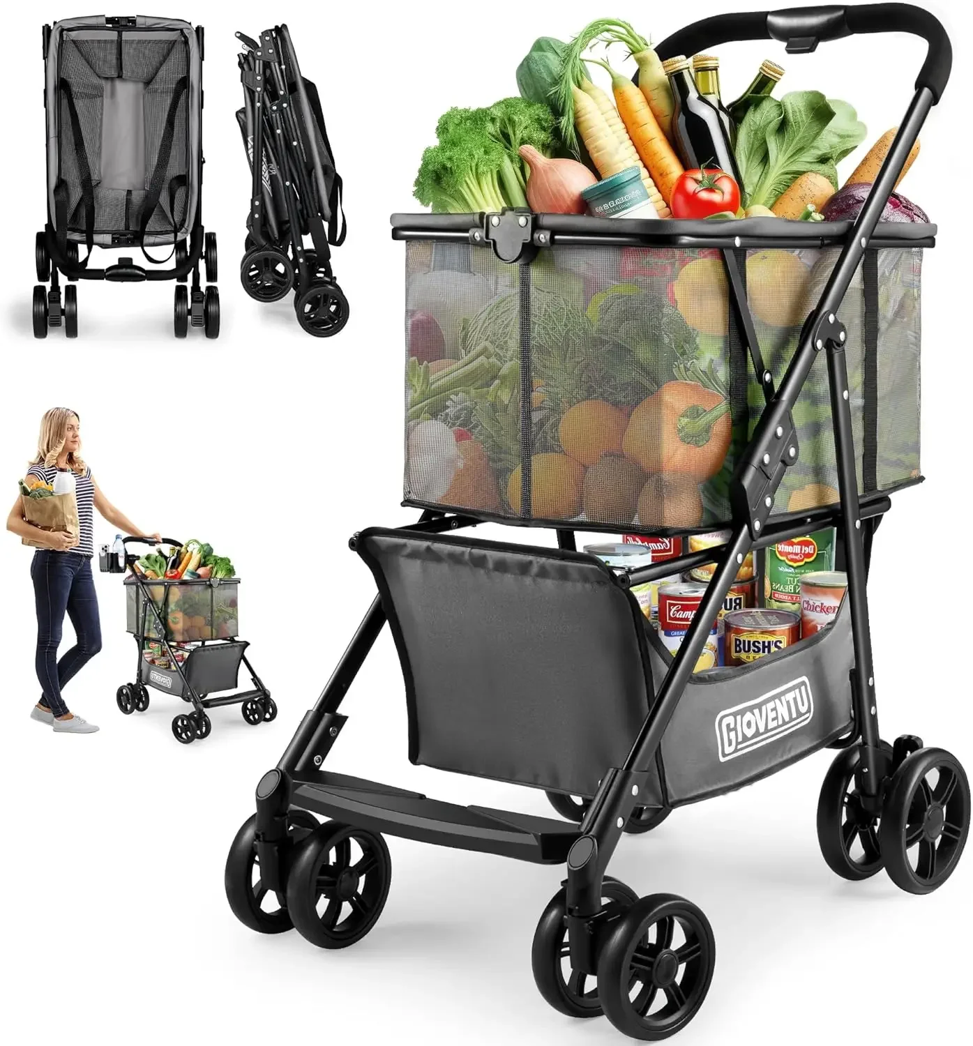 Folding Shopping Cart for Groceries (80lbs), Multifunctional Collapsible Cart with Removable Tote Bag and Swivel Wheels