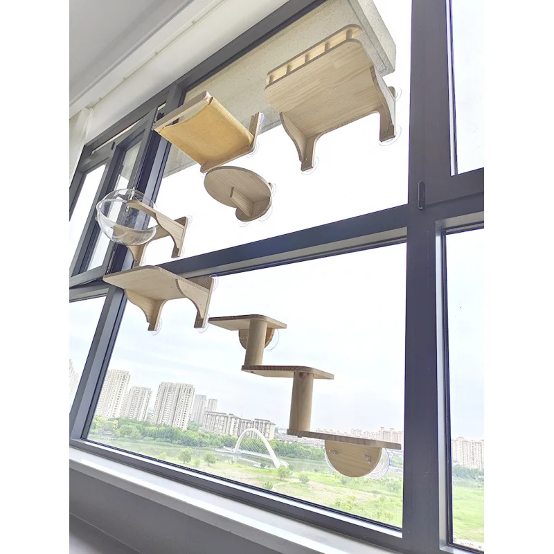 

Punch-Free Suction Cup Solid Wood Cat Climbing Frame Wall-Mounted Sky Glass Window Table Hanging Cat Wall Cat Nest Hammock