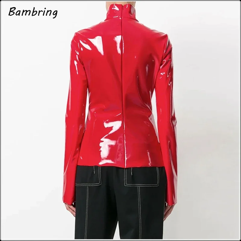 Women Long Sleeve Turtleneck Pullovers Black Red Leather T-shirts Tops Fashion Slim PU Patent Faux Leather Clothing Custom 2021