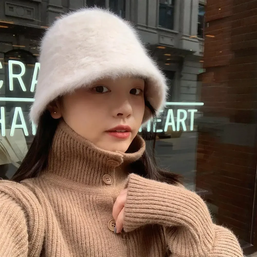 2023 Artificial Rabbit Fur Bucket Hat Women Autumn Winter Warm Thickened Fisherman Panama Plush Basin Gorro Lady Cap