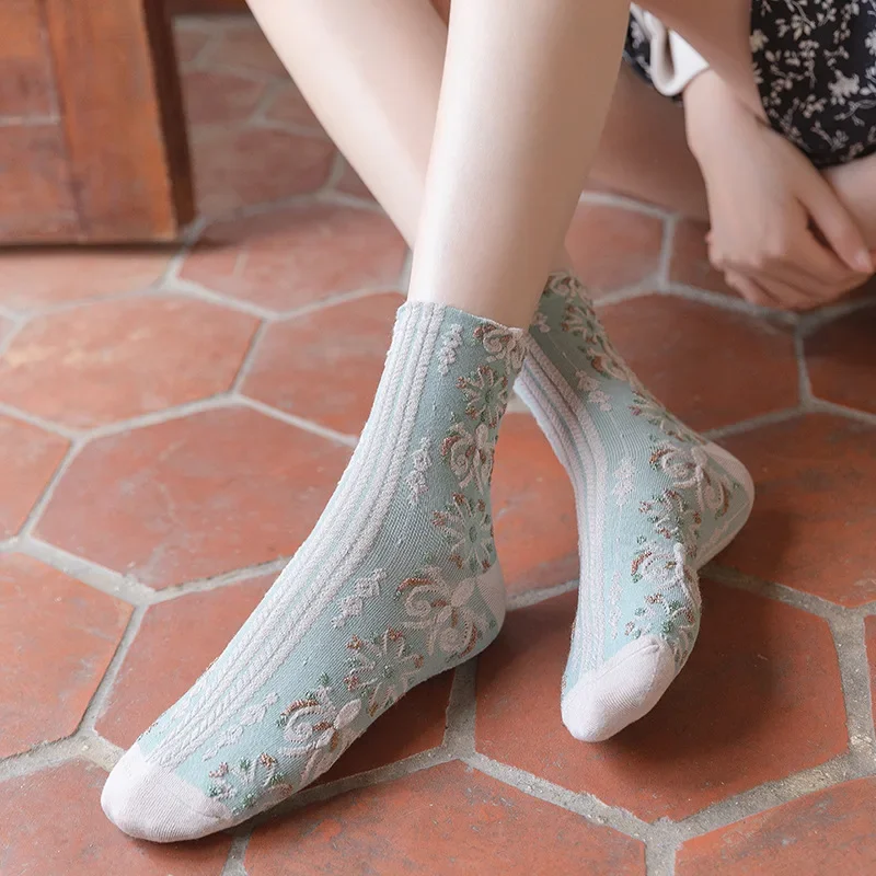 Flower Embroidery Women Socks Harajuku Retro Socks Elegant Ethnic Vintage Woman Socks Lolita Fashion Japanese Kawaii Cute Sox