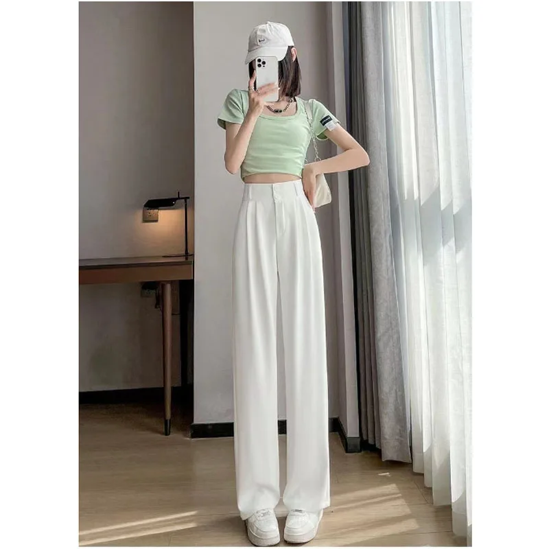 Fashion Double Button Colorful Summer Women Ice Shreds Wide Legs Thin Style High Waist Chiffon Loose Casual All-match Trousers