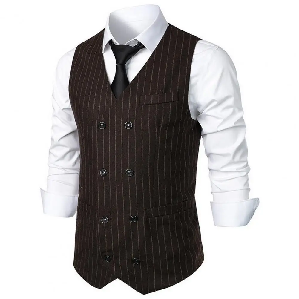 

Solid Color Vest Striped Print Double Breasted Men's Suit Vest Vintage Style Waistcoat for Wedding Business with Patch Pockets