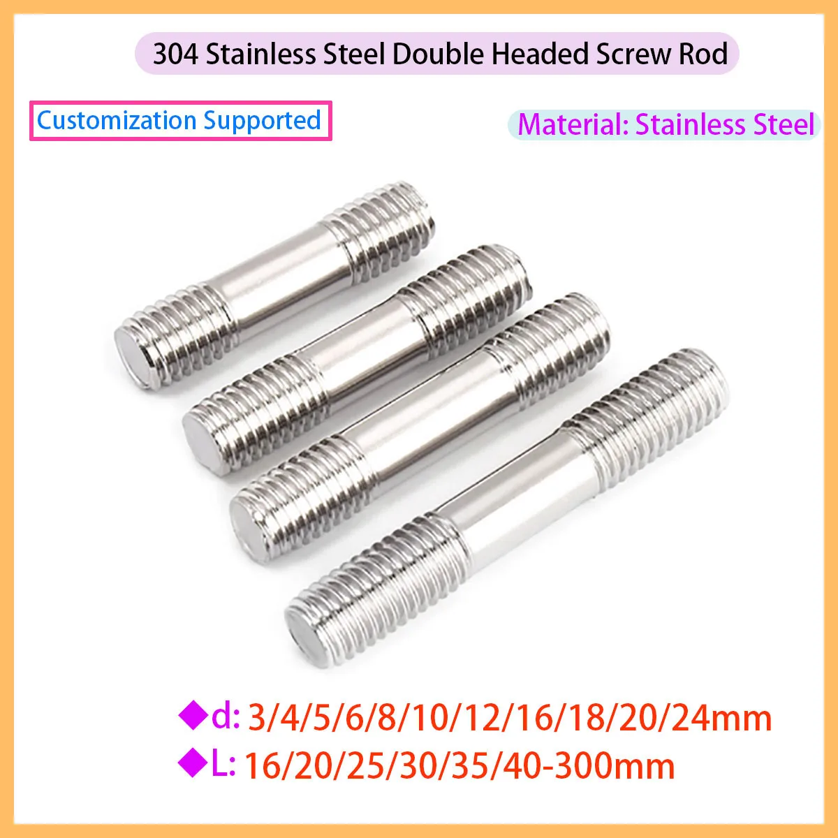 

304 Stainless Steel Bolt, Screw, Double Headed Threaded Tooth Rod M3 M4 M5 M6 M8 M10 M12 M16