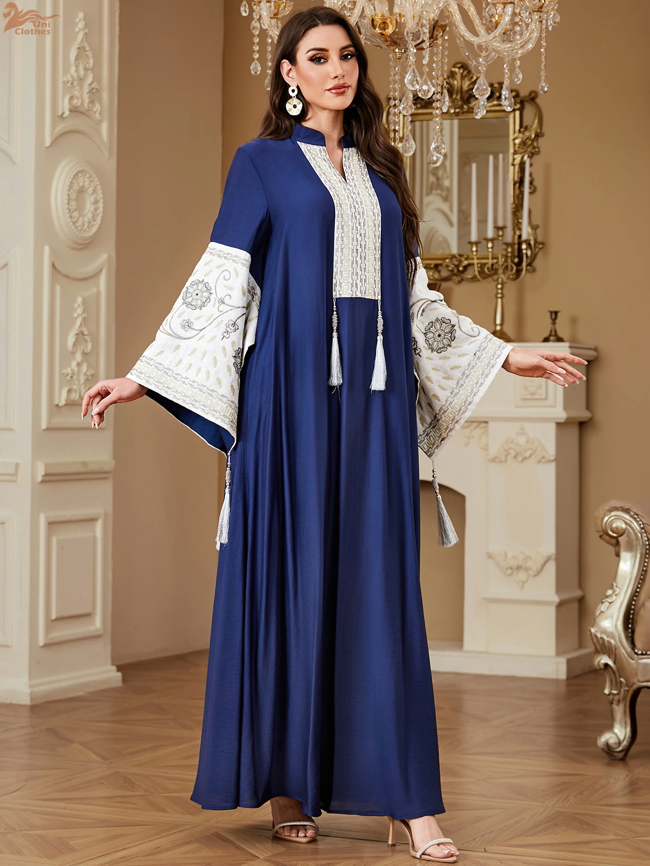 Uni luxo retalhos mulher vestido de noite dubai manga dividida abaya borla embelezado caftan marocain femme