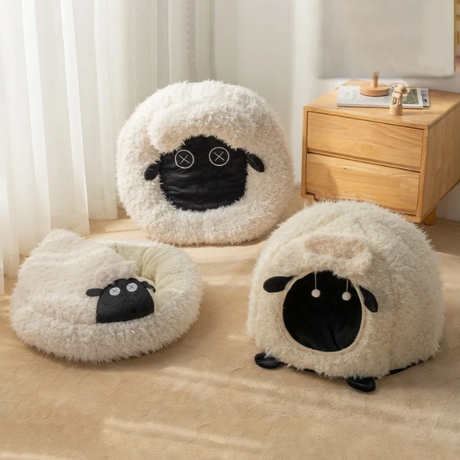 2023 New Lamb Shape Cave Cat Bed Winter Warm Enclosed Semi-Closed Round Cat Beds