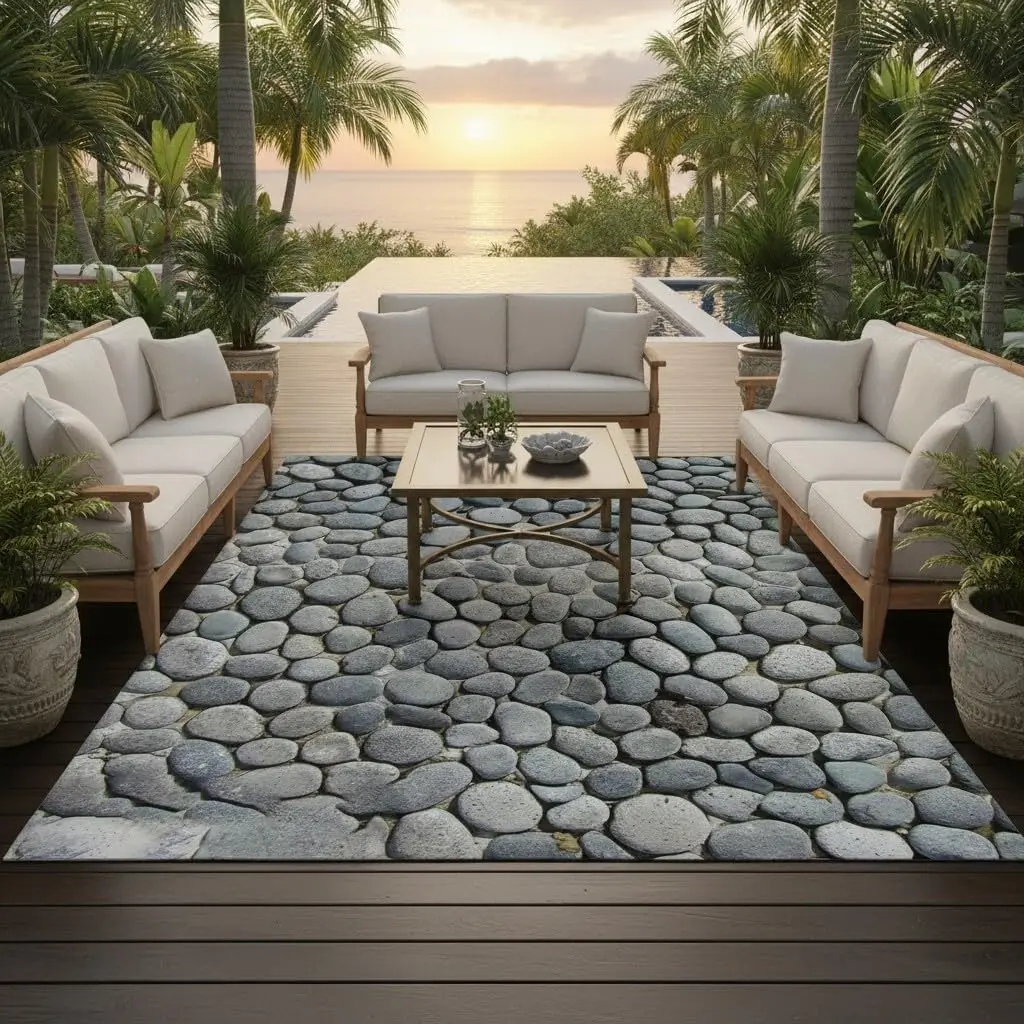 Anti Slip and Waterproof Grey Pebble Pattern Outdoor Carpet for Courtyard Balcony Garden Terrace Imitation Stones Splicing Mat M