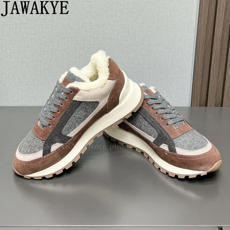 JAWAKYE Winter Wool Fur Flat Shoes Woman Casual Lace Up Fur Sneakers Shoes Hot Sale Warm Comfort Running Shoes