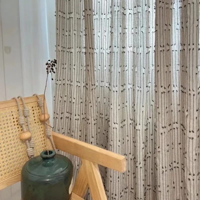New Cotton and Linen Black Line Jacquard Thickened Window Screen Curtains for Living Room Bedroom Balcony Bay Window Customized