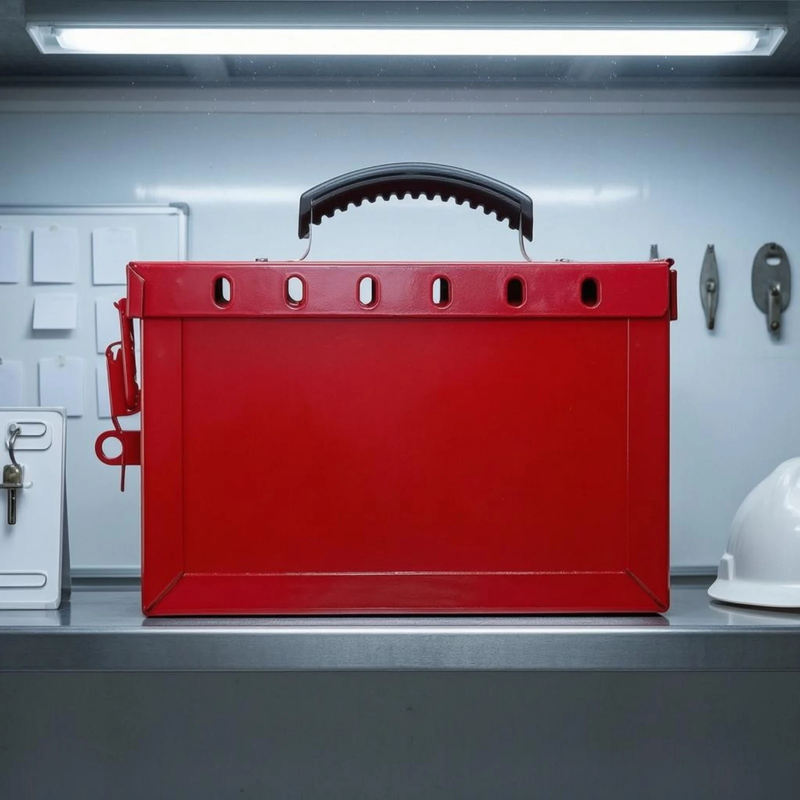 Portable Group Lockout Box Red Metal Safety Lock Box Industrial Latch Closure for Workplace Safety Control