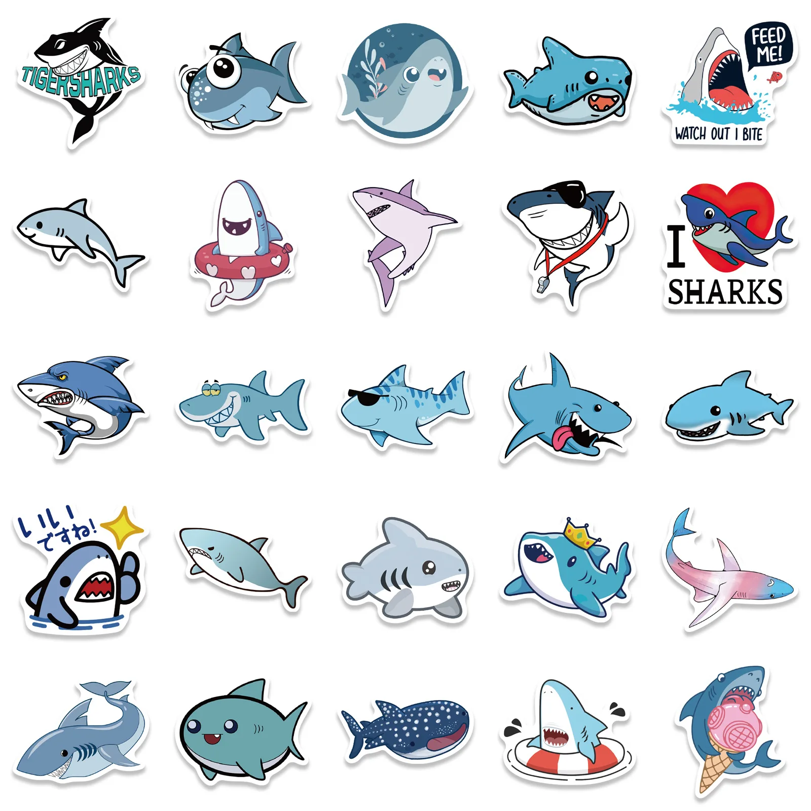 10/30/50PCS Cool Cartoon Shark Stickers Kids DIY Toy Gift Notebook Suitcase Stationary Bike Decoration PVC Sticker Funny Decals