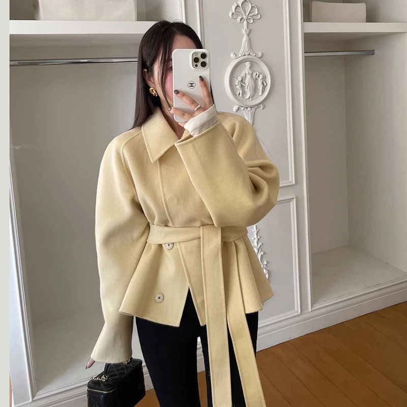 

Clothland Women Elegant Solid Woolen Jacket Belt Long Sleeve Sashes Autumn Winter Office Wear Coats Mujer CB109