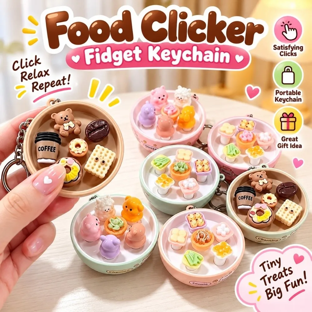 Simulation Food Food Clicker Fidget Keychain Push Button Cute Cat Series Clicking Pressure Relief Dessert Food Pizza Design