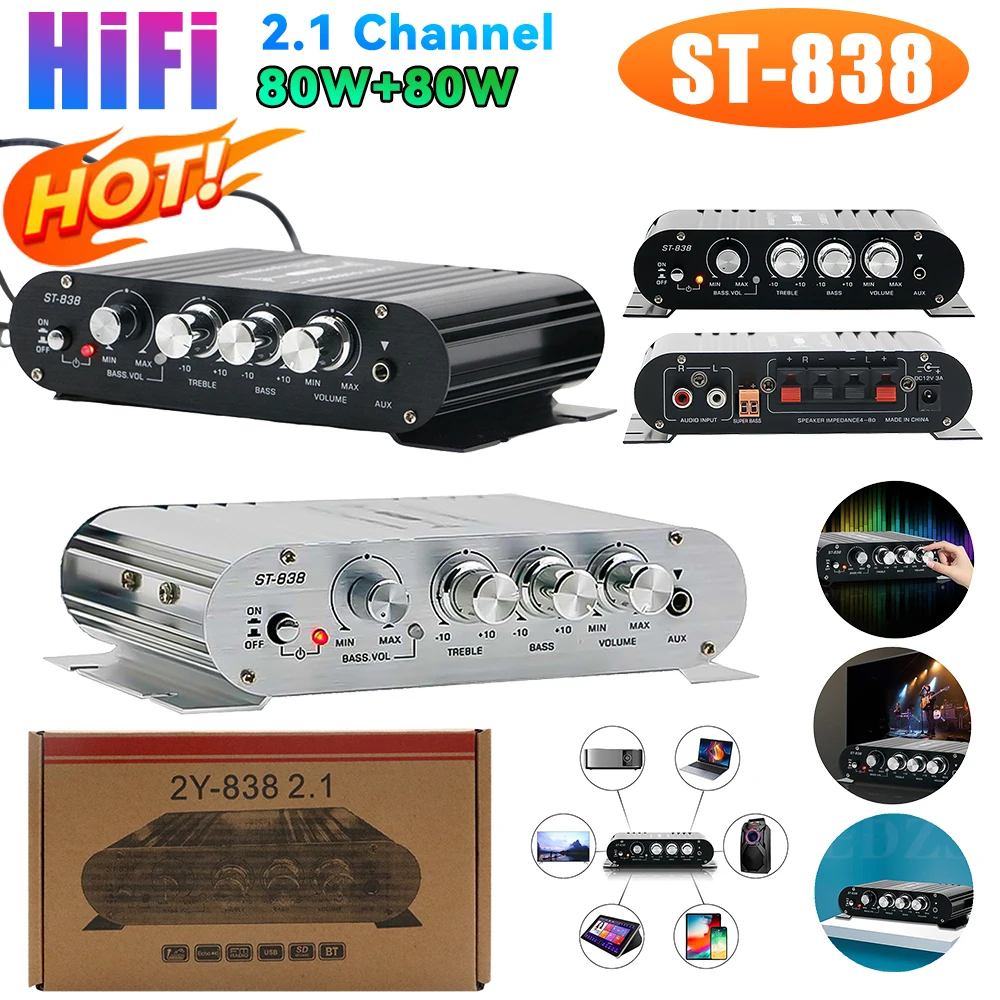 ST-838 HiFi 2.1 Channel Power Amplifier Stereo Bass Sound Amp RMS 80W*2 Class D Mini Media Player MP3 Car Black Home Amplify