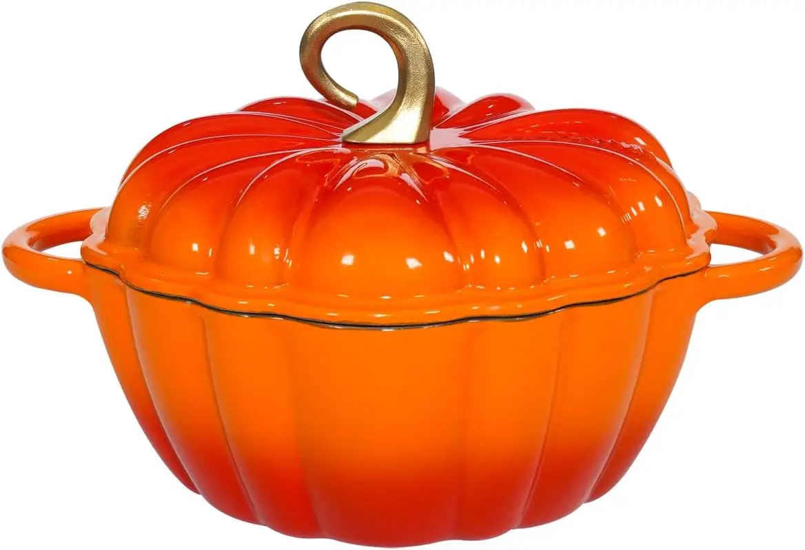 

4.5 QT Enameled Cast Iron Dutch Oven, Pumpkin Shape, Heavy Duty Dual Handles, Oven Safe to 500°F, for Bread Baking & Braising