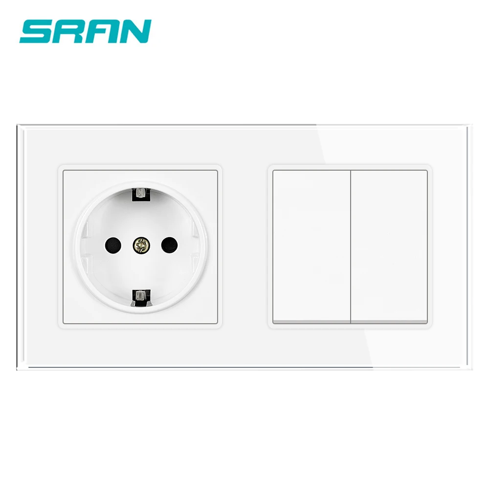 SRAN 16A EU Standard Wall Socket and Switch 2Gang 1/2Way,153*82mm Tempered Glass Panel,Electrical Outlet Mechanical Light Switch