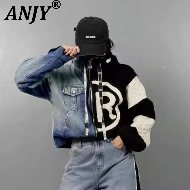 

ANJY Autumn New Women Trendy Streetwear Stylish Hooded Jacket Casual Denim Patchwork Knit Sleeve Pocket Zipper Short Coats A7756