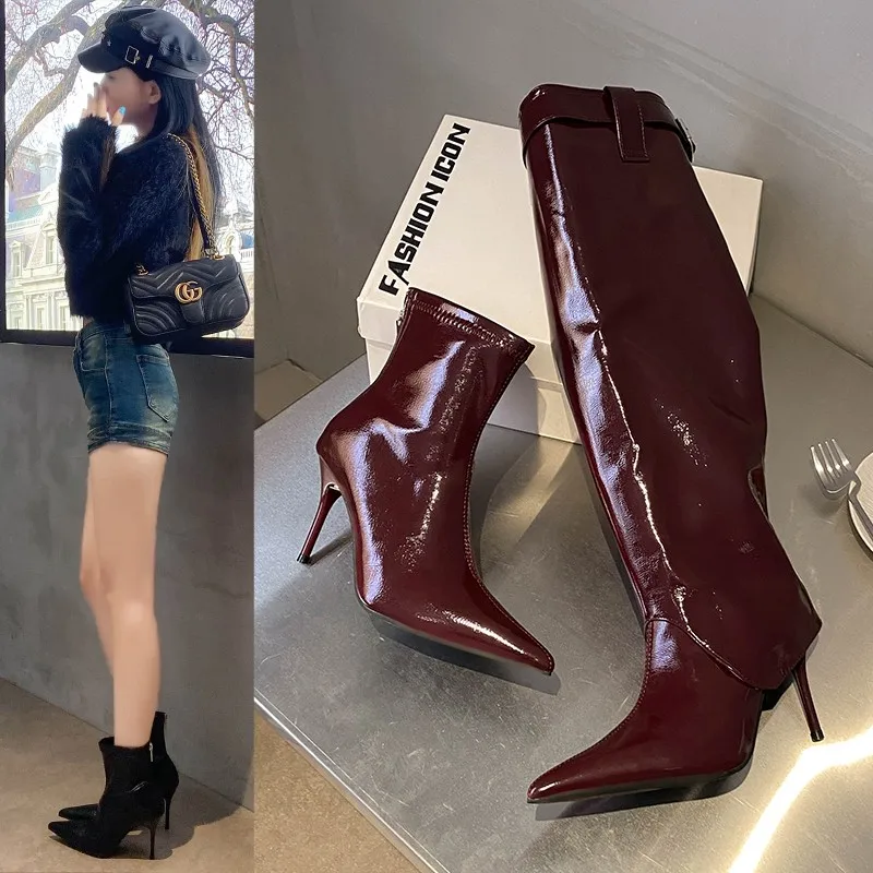 Weinrote, abnehmbare, weiche Leder-High-Heel-Stiefel, Stiletto-Absatz, spitze Zehen, dünne Stiefel, ein Schuh, zwei Kleidung, Damen, Herbst und Winter