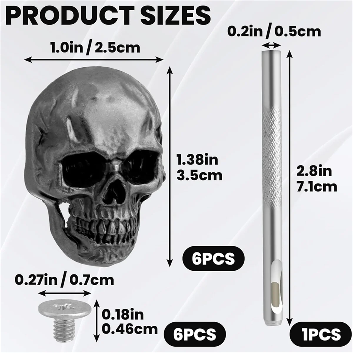 

NEW 6pcs Skull Rivets Studs for Clothing, Gothic Style Skull Head Buttons Screws with Drilling Tool, 3D Skeleton Pins