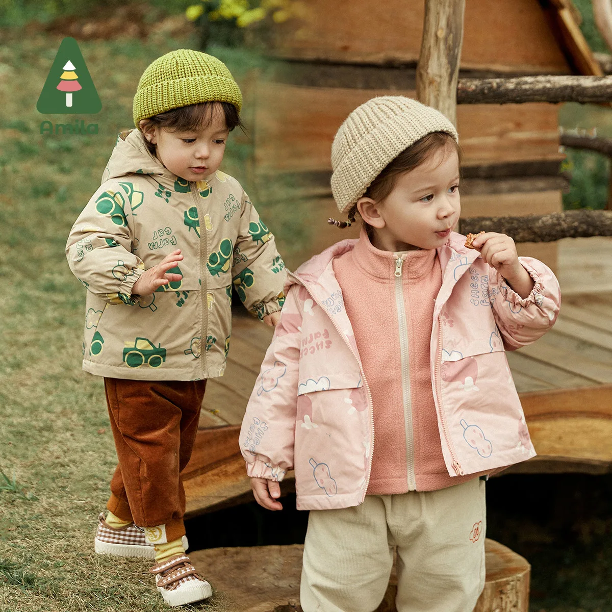 Amila Baby Coat 2022 Autumn Winter New Full Print Cartoon Two Pcs Jacket Boys and Girls Casual Children\'s Clothes Warm