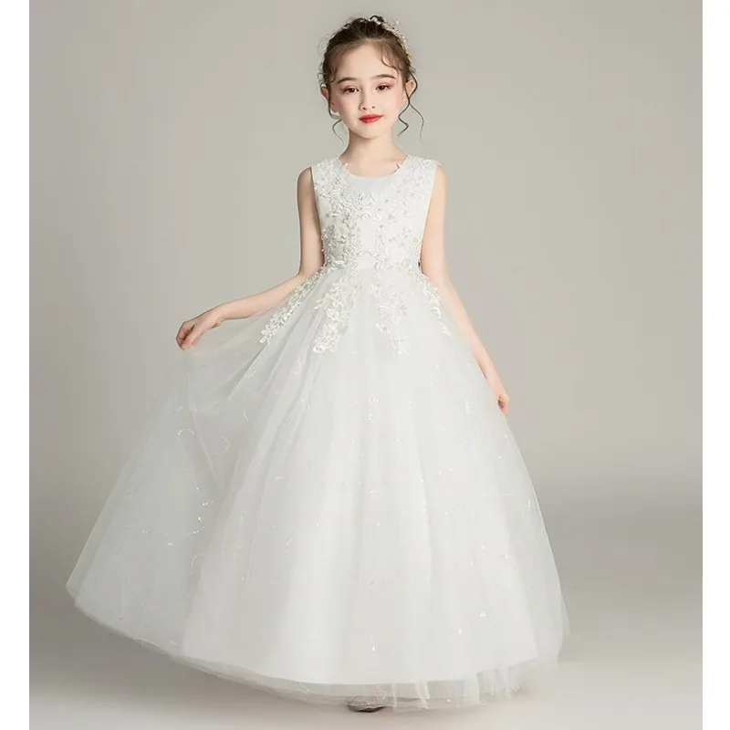 Flower Girl Dresses Champagne Tulle Puffy Patterned Embroidery Sleeveless For Wedding Birthday Banquet First Communion Gowns