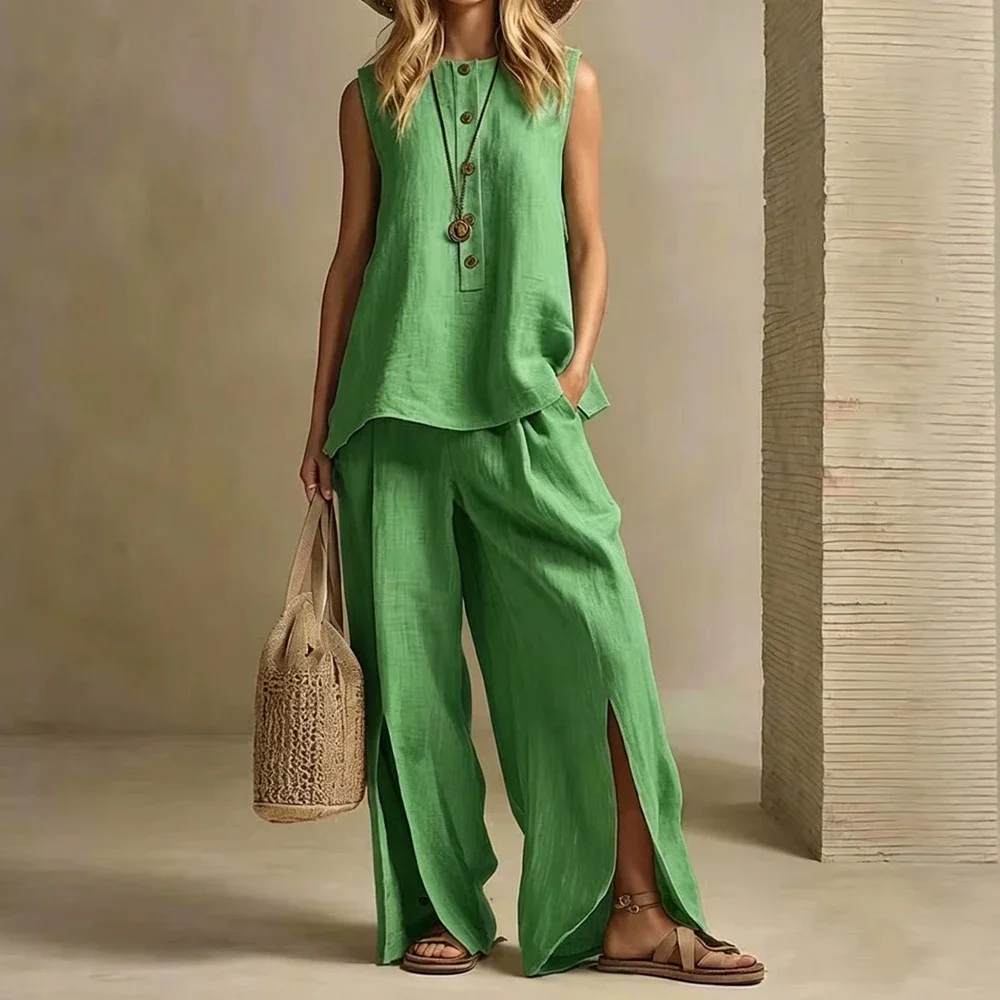 Women Blouse Trousers Sets Two 2 Pcs Sale Casual Button Sleeveless Blouse Shirt&High Waist Elastic Waist Wide Leg Pant Suits