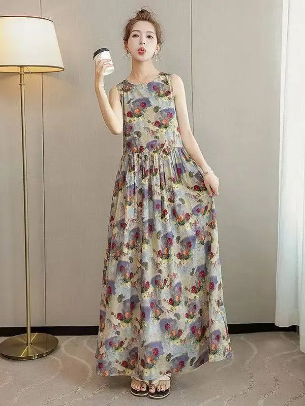 Sweet Floral Print Vest Dr Women's A-Line  Dr Retro Sle Summer New Arrival Korean Version Youthful Reduction