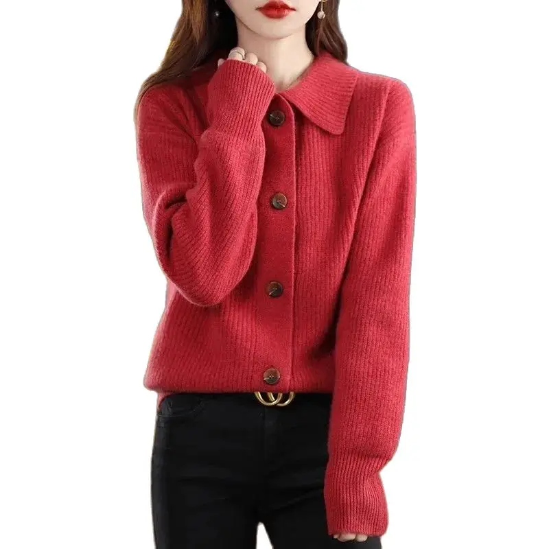 

Fashion Cardigan Sweater Women's Knitwear 2024 Autumn Winter Doll Collar Woolen Sweater Single Breasted Buckle Knitted Jacket