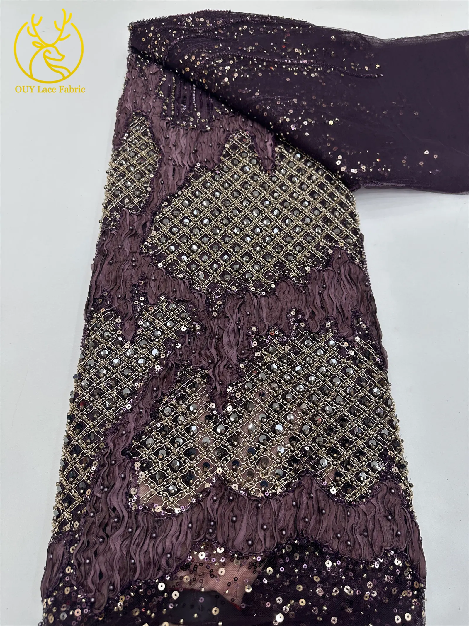 2026 Neues Design Französischer Perlen-Tüll-Spitzenstoff Weinrot Nigerianischer Afrikanischer Pailletten-Netzstoff für Abendkleider 5 Yards – Detail 12
