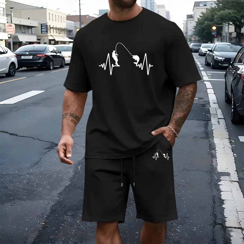 Ensemble de survêtement pour homme avec t-shirt imprimé décontracté à col rond et manches courtes, et short, pour le sport en extérieur, le jogging et les activités estivales en banlieue