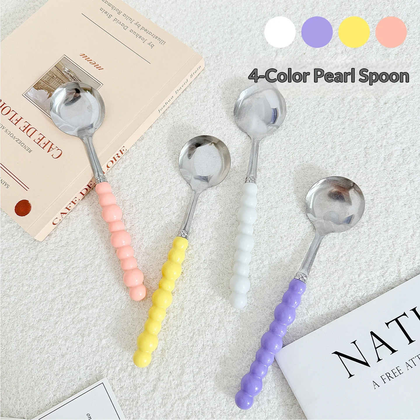 Stainless Steel Spoon Pearl Beaded Handle Spoon Mirror Polished Dessert Coffee Stirring Spoon Tableware Kitchen Gadget
