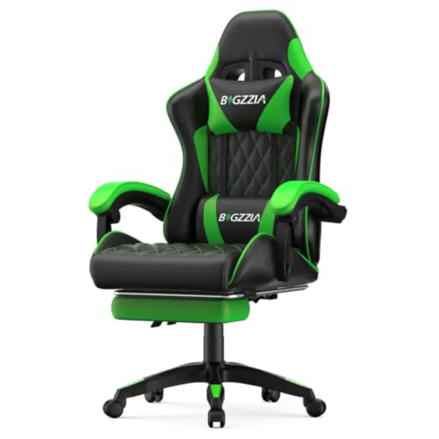 Gaming Chair with Footrest for Extended Play Sessions, Premium PU Leather in Vibrant Green, Ergonomic Support and Adjustable Re