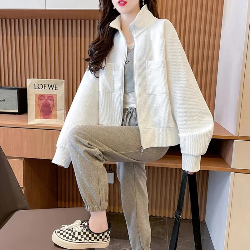Damski kardigan z kołnierzykiem stójką, cienki, wiosenno-jesienny, koreański, luźny płaszcz, bluza rozpinana na zamek, modna, uniwersalna odzież wierzchnia, damskie topy.