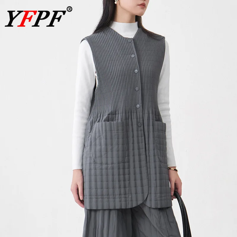 

YFPF повседневный плиссированный зимний хлопковый жилет женский однотонный без рукавов с воротником-стойкой и пуговицами модная новая одежда