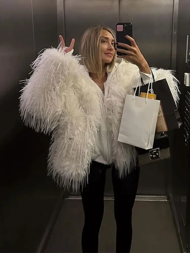 Elegant White Flurry Faux Fur Coat For Women Fashion V Neck Long Sleeve Warm Jacket 2024 New Winter Female High Street Outerwear