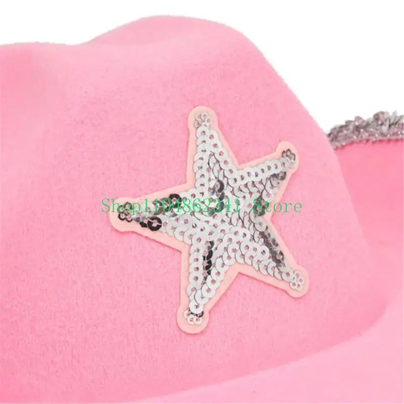 652F Pink Cowgirl Hat Sparkling Sequins Trim for Halloween Dress Up Party Supplies