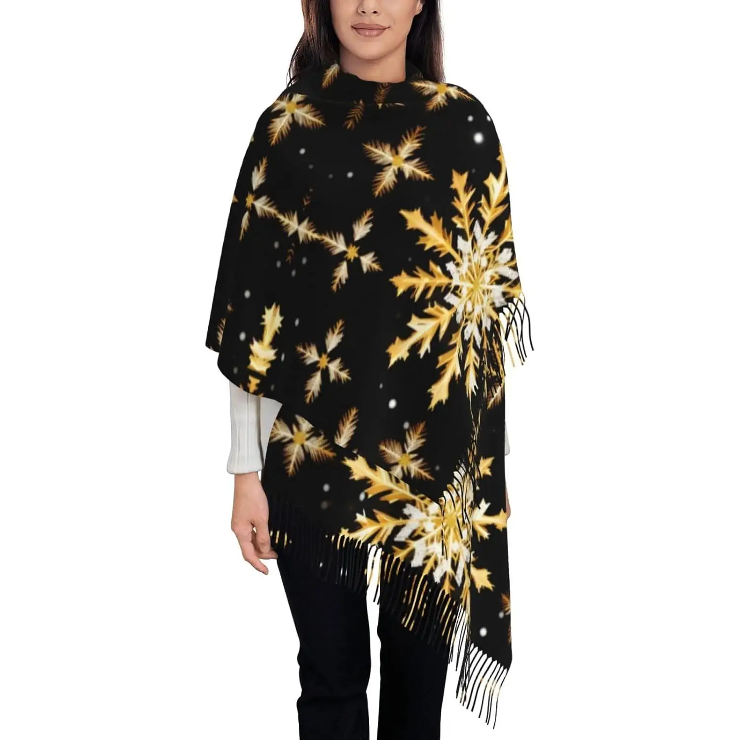

Golden Christmas Snowflake Print Tassel Scarf For Women Men Soft Scarf Shawl For Winter Fashion Lightweight Scarf Shawl