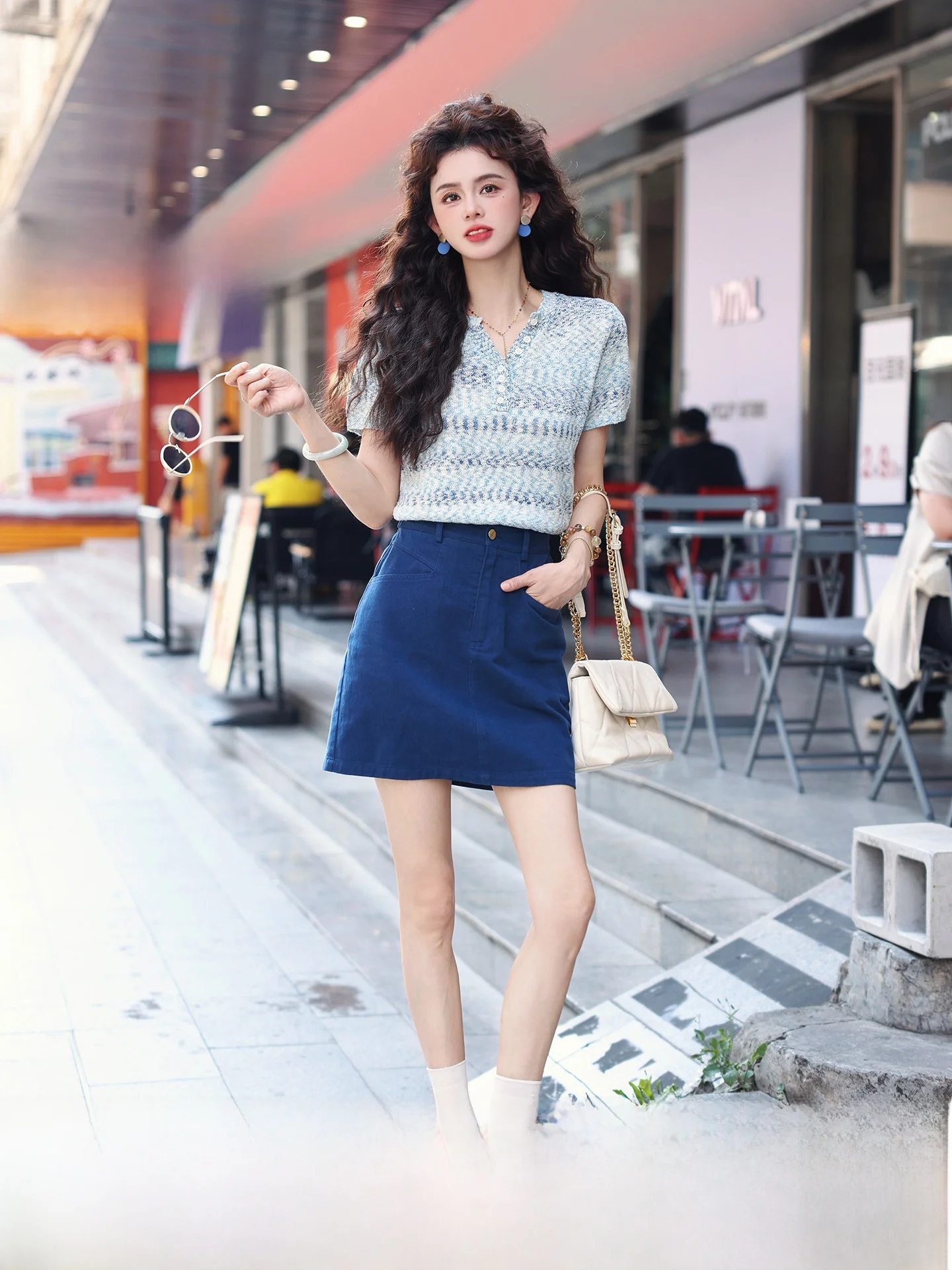 

Юбка с высокой талией Chen Jiajie Blue Moment, женская, однотонная, летняя, новинка 2025 года, маленький размер, А-силуэт, короткая