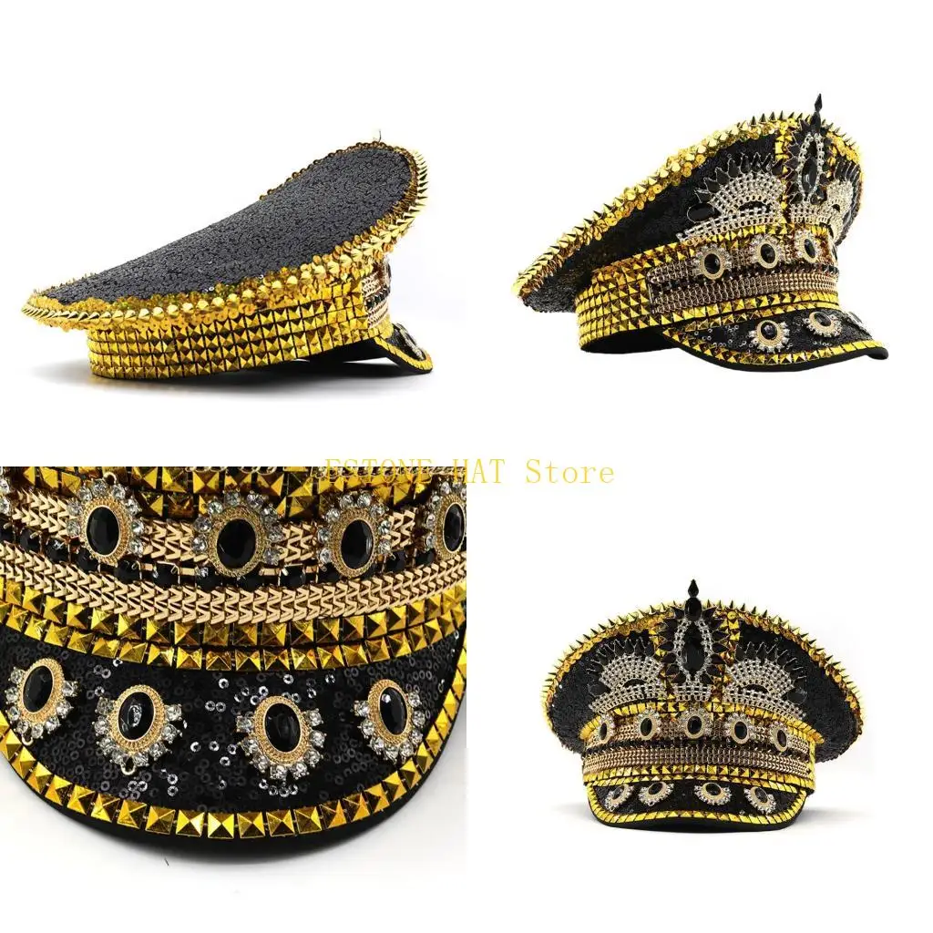 

49MF Glittering Captain Cap Shimmering Rhinestones Cool Rivet Studded Cool Marine Hat