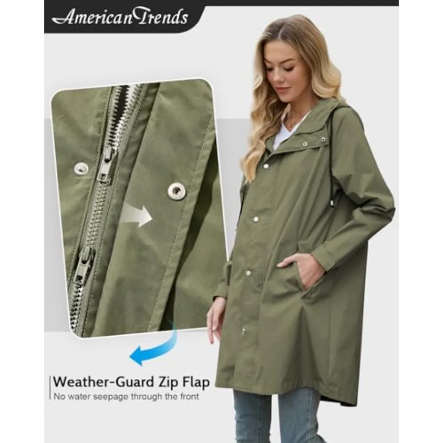 American Trends Packable Waterproof Rain Jacket Women with Hood Raincoat Windbreaker Long Hooded Trench Coats S-2XL Available view 4
