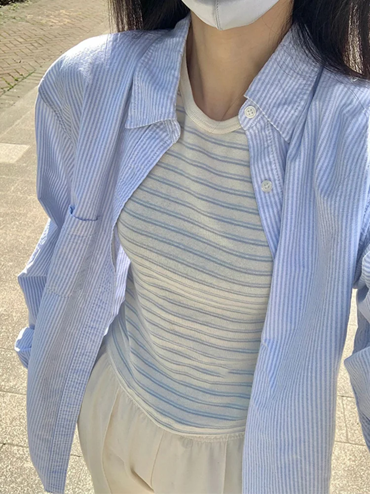 

Blue Striped Women's Long Sve Sun Protection irt Outerwear Autumn Winter Korean Sle Design Unique Commute Faion Loos...