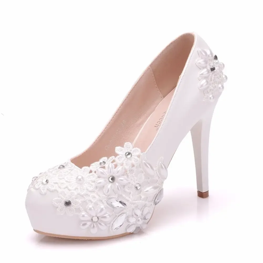 Sexy High Heels Women Pumps Wedding Platform Rhinestone Flower PU 14CM Thin Heels Slip on Office Ladies Slip on Shoes Woman