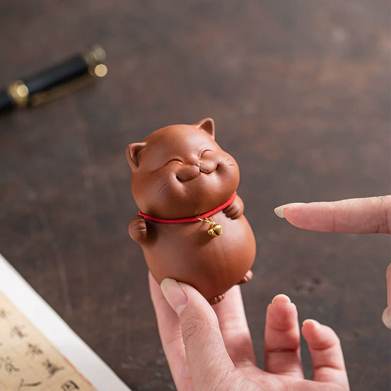 Lucky Bell Cat Tea Pet - Handmade Purple Sand Kitten Statue, Cute Office & Home Decoration, Chinese Style Gift