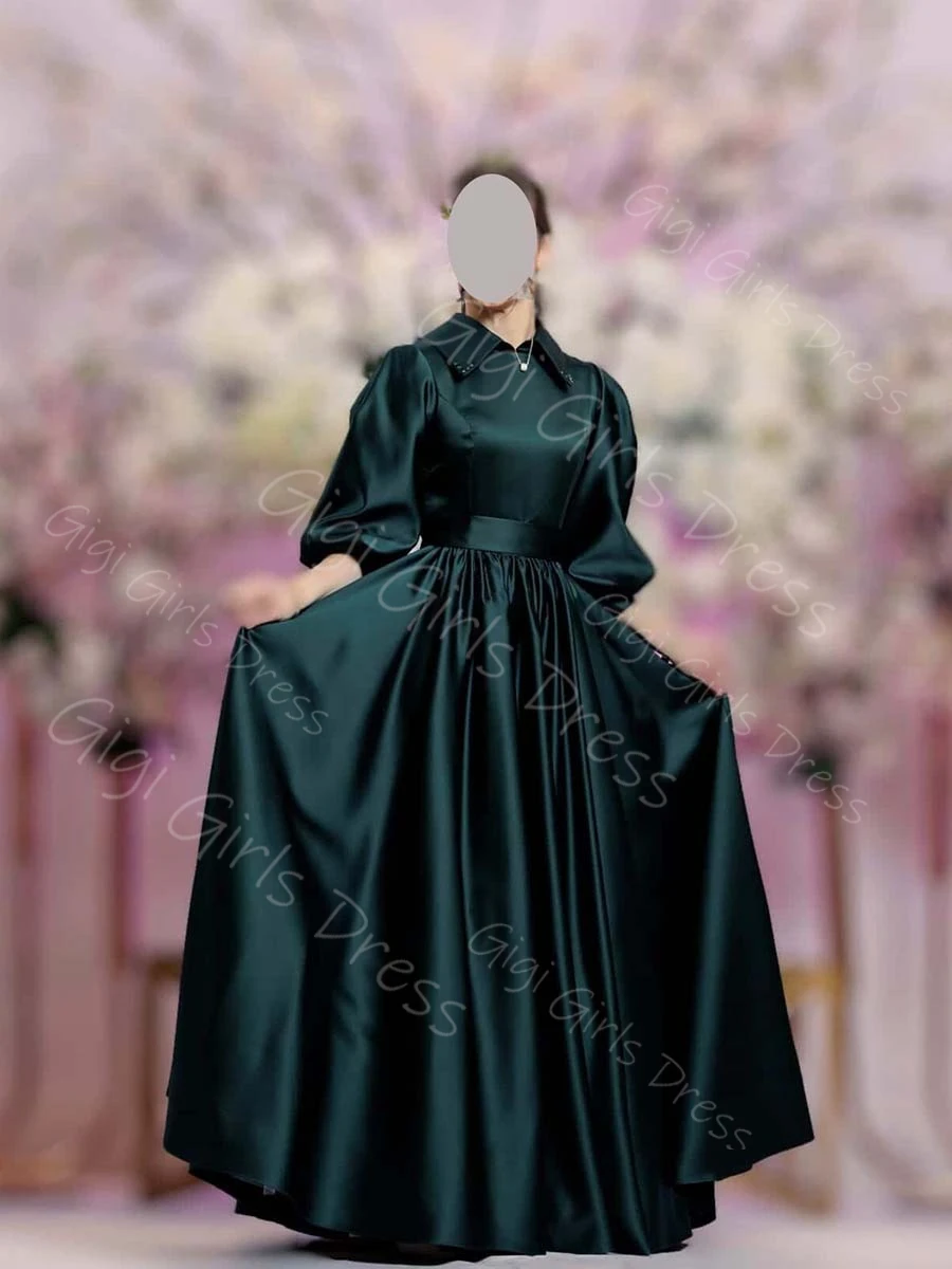 ชุดเดรสทรงเอไลน์สำหรับเพื่อนเจ้าสาว คอปกเสื้อ แขนทรงบอลลูน ชุดงานแต่งงาน ชุดราตรี ชุดออกงานยาว ชุดแม็กซี่  รับตัดตามสั่ง