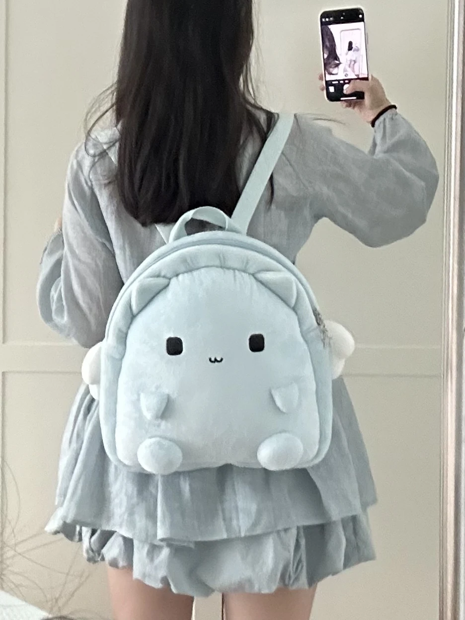 Japanese Original Sweet and Cute Blue Pink Wings Cat Plush Backpack Women's Kawaii Cartoon Plush Bags for Soft Girl