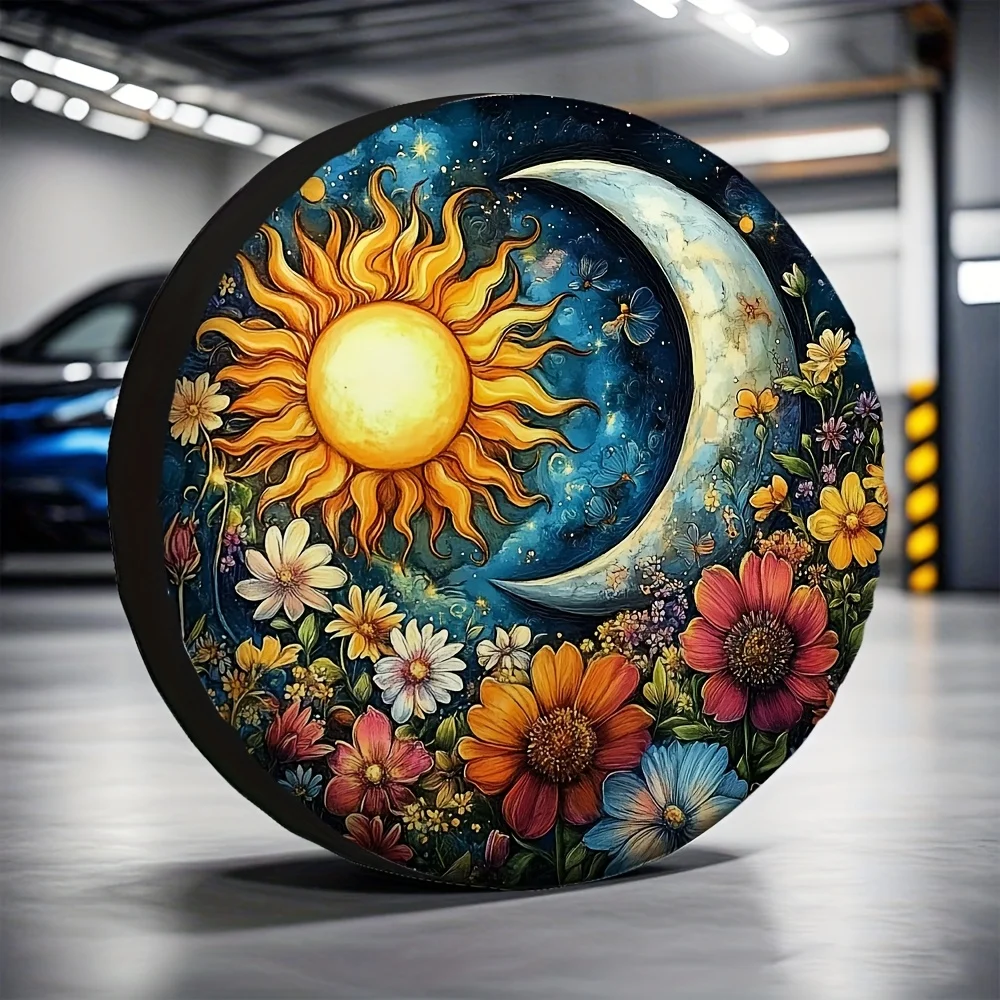 Sun Moon Celestial Flowers Tire Cover RV Spare Wheel Protector Washable Fabric Cover
