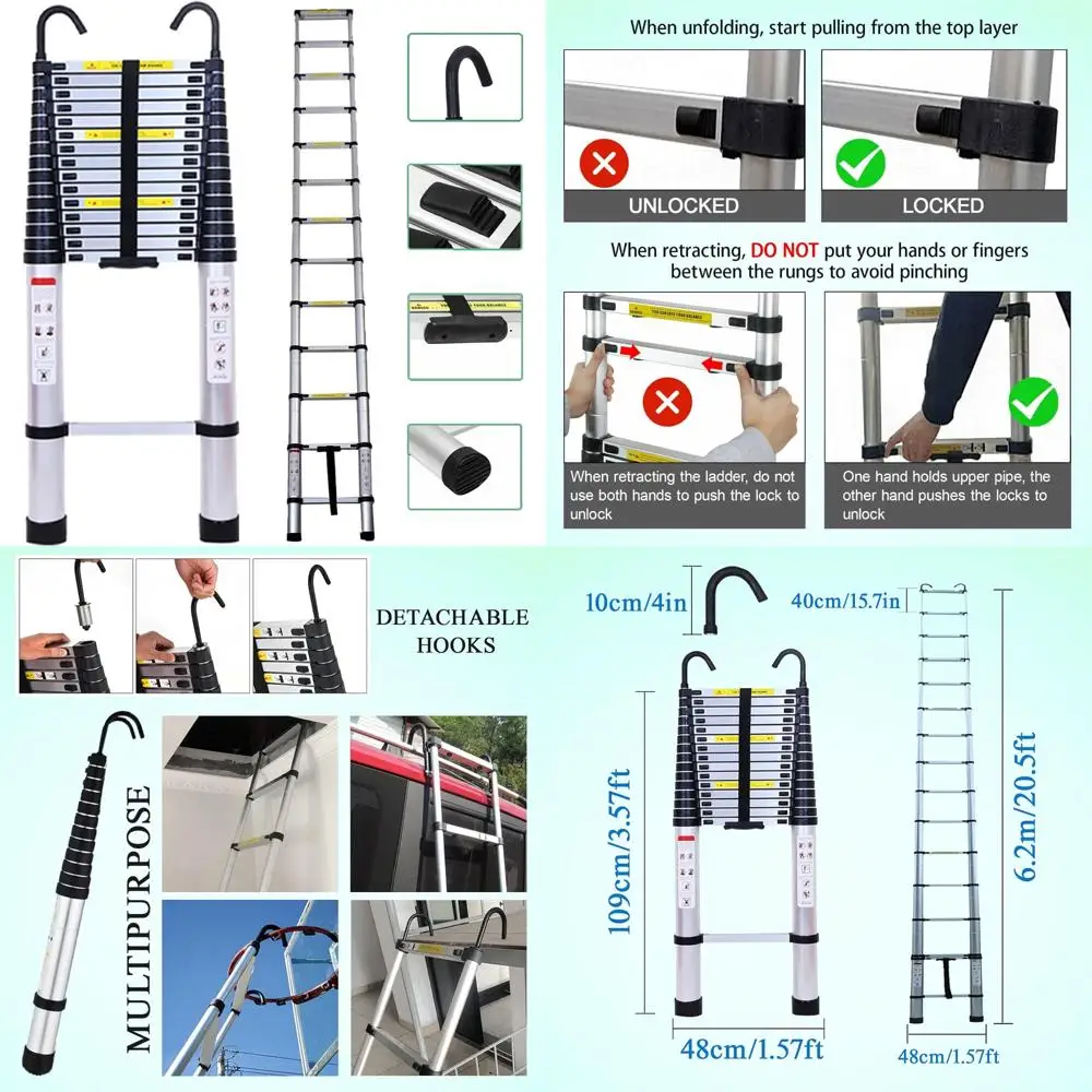 سلم تصغير من الألومنيوم - سلم تمديد قابل للطي بطول 20.5 قدم مع خطافين للسقف، معيار أمان EN131، ارتفاع قابل للتعديل لـ Ro